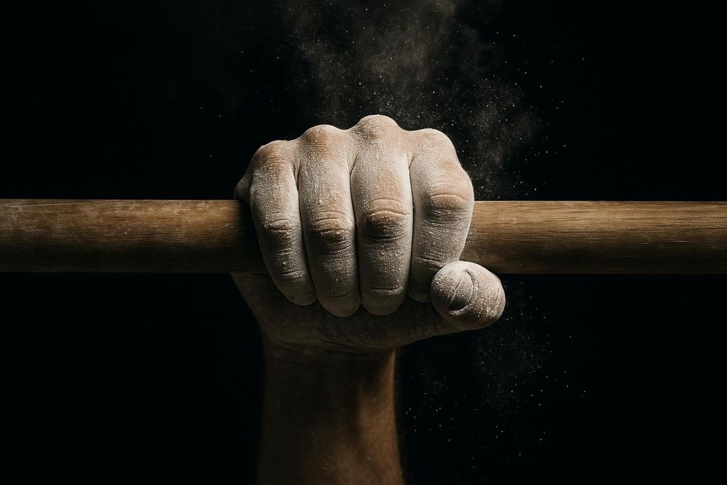 A hand covered in chalk firmly grips a wooden gymnastics bar, with visible chalk dust particles in the air against a dark background.