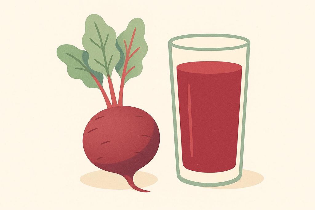 An illustration comparing a whole beetroot with a leafy top next to a clear glass filled with red beetroot juice on a light cream background.