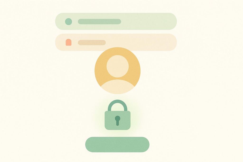 A stylized illustration showing a user profile icon in the center, with abstract bar elements above and below. A padlock icon is situated directly below the user profile, glowing with a soft green light, indicating security or privacy.