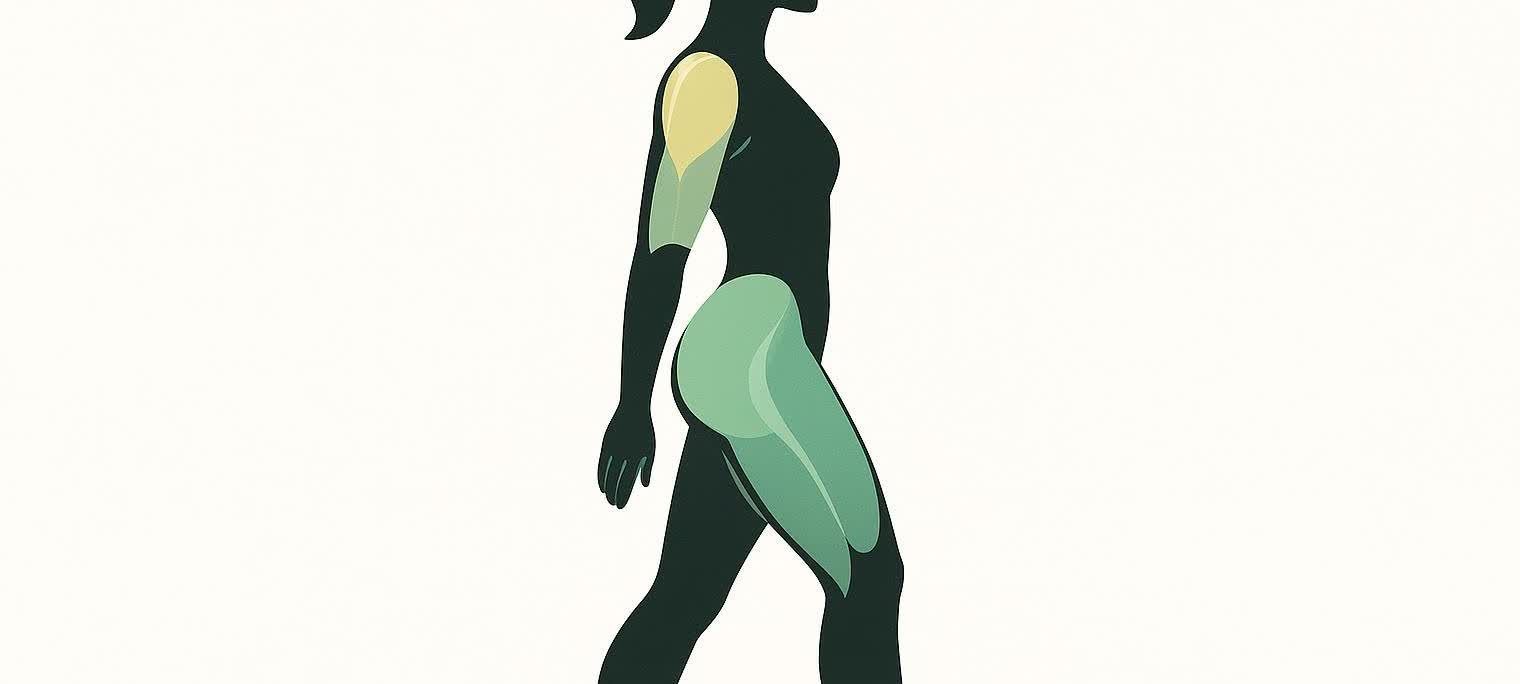 Stylized illustration showing the major muscle groups on a female figure, representing the concept of muscle mass.