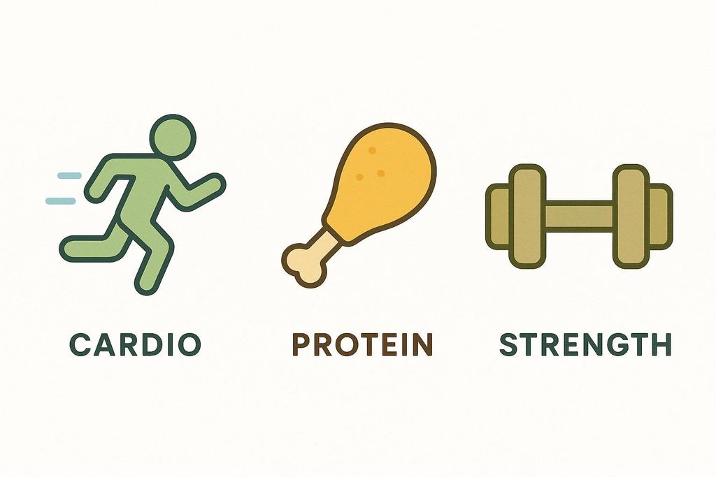 Three icons on a light background. From left to right: a green icon of a person running with the word "CARDIO" below it; a yellow icon of a chicken drumstick with the word "PROTEIN" below it; and a green icon of a dumbbell with the word "STRENGTH" below it.