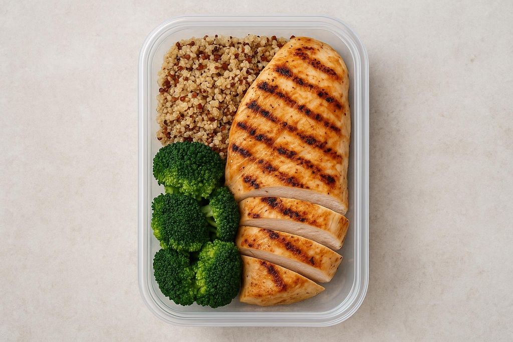 A clear meal prep container neatly filled with grilled chicken, quinoa, and broccoli florets, ready for a healthy meal.