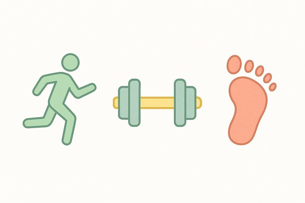 Icons for cardio (running person), strength training (dumbbell), and daily steps (footprint), representing a balanced weekly exercise plan for diabetes prevention.