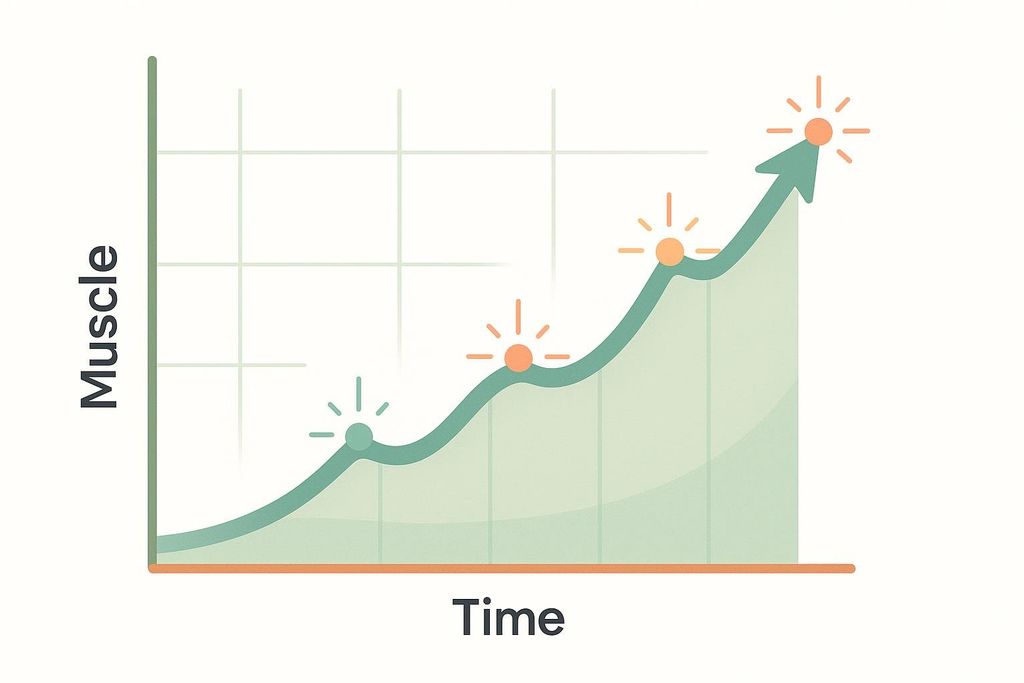 A line graph titled 'Muscle Growth over Time' showing a green wavy line steadily increasing from the bottom left to the top right, with four points on the line marked with orange glowing circles, indicating progress.
