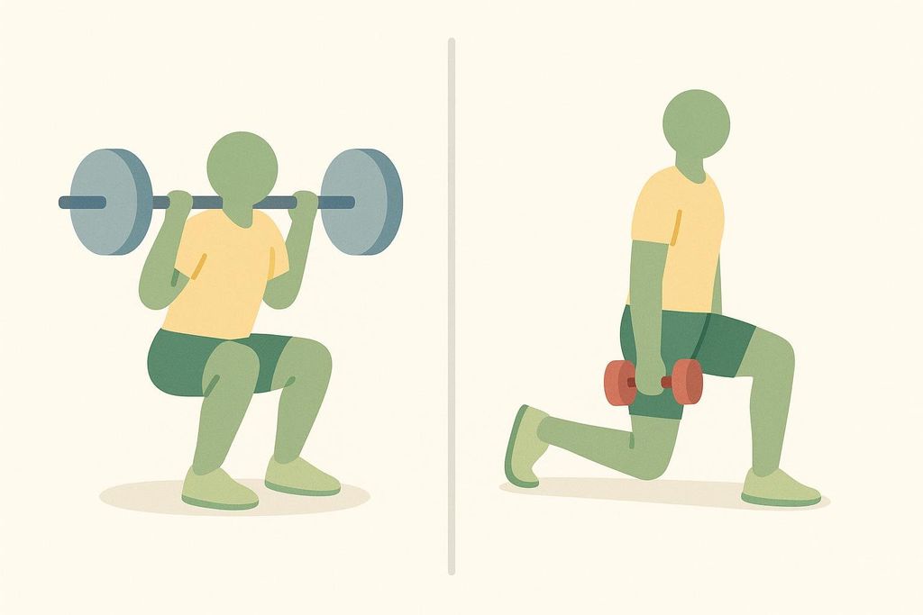 An illustration comparing a bilateral back squat with a unilateral split squat, showing a person performing a barbell back squat on the left and a dumbbell split squat on the right, to highlight the difference in leg loading.