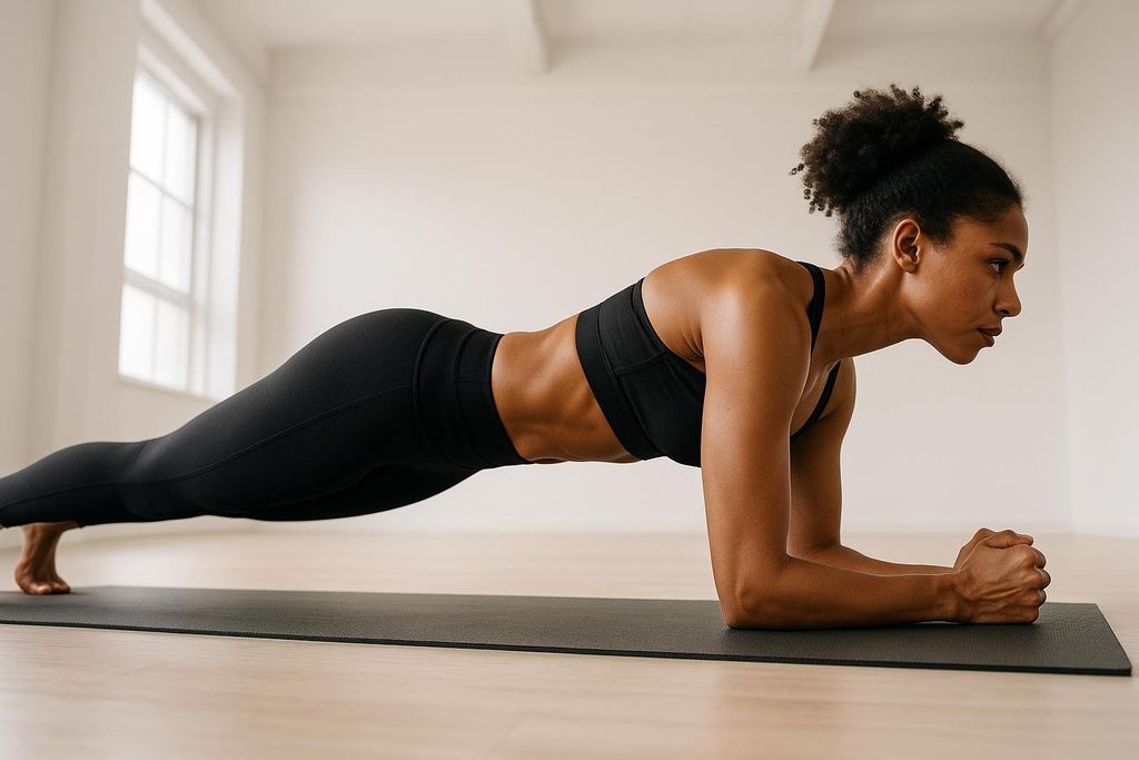 A woman in black athletic wear demonstrating perfect form in a plank exercise on a black yoga mat, with a strong and stable core. Her back is flat and her head is in line with her spine, highlighting proper posture for a plank.