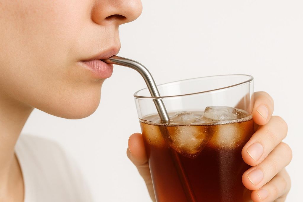 A close-up of a person's mouth as they drink an iced, dark-colored beverage through a silver reusable straw. A hand holds the glass, and the background is a plain white.