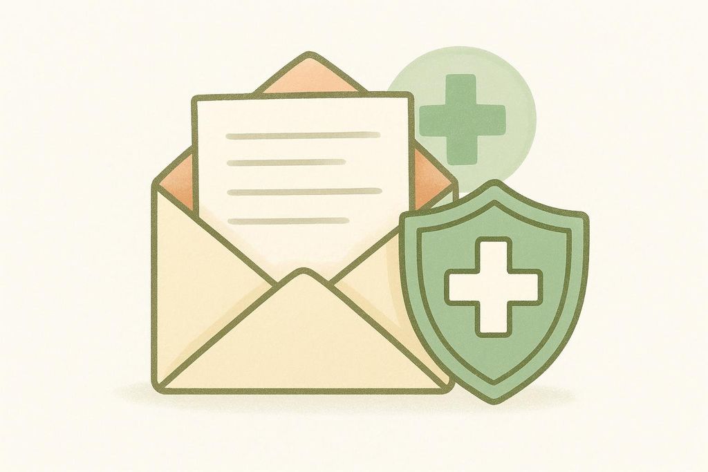 An illustration of an open envelope with a letter inside, next to a green medical cross icon and a green shield icon with a medical cross on it. This image represents medical insurance or health coverage documentation.