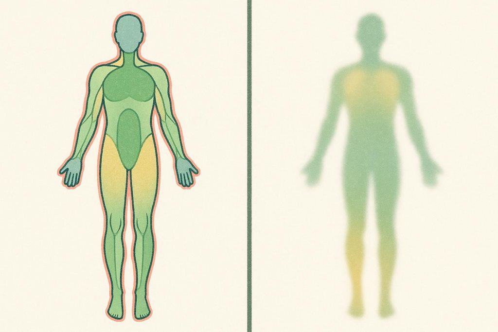 An illustration comparing the precision of DEXA imaging versus BIA device output. The left image shows a human figure with distinct areas colored green and yellow, representing precise DEXA measurements. The right image shows a blurry, indistinct human silhouette with blended green and yellow colors, representing the less reliable results from a BIA device.