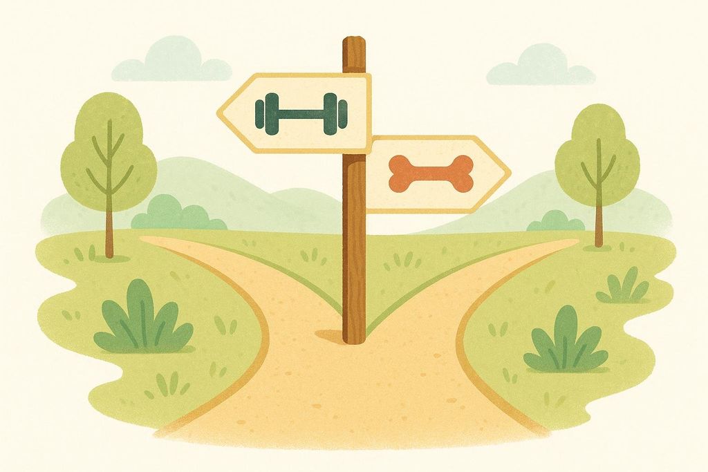 An illustration of a dirt path splitting into two. A wooden signpost at the fork has two arrows: one points left towards a dumbbell icon, labeled 'Fitness', and the other points right towards a bone icon, labeled 'Bone Health'.