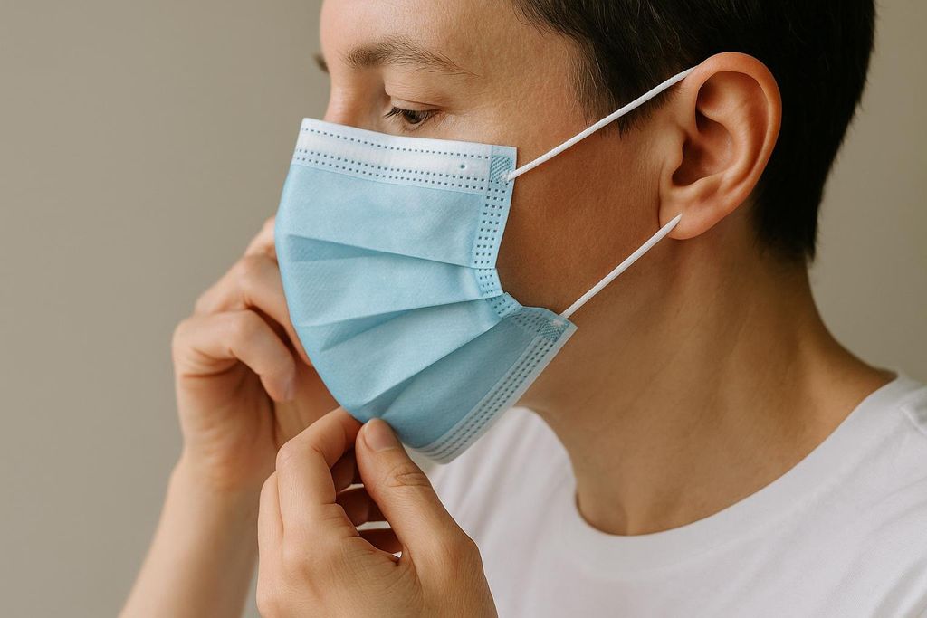 A close-up of a person with short brown hair adjusting a light blue surgical face mask, holding the bottom edge with their right hand while the ear loop goes behind their ear. They are wearing a white t-shirt.