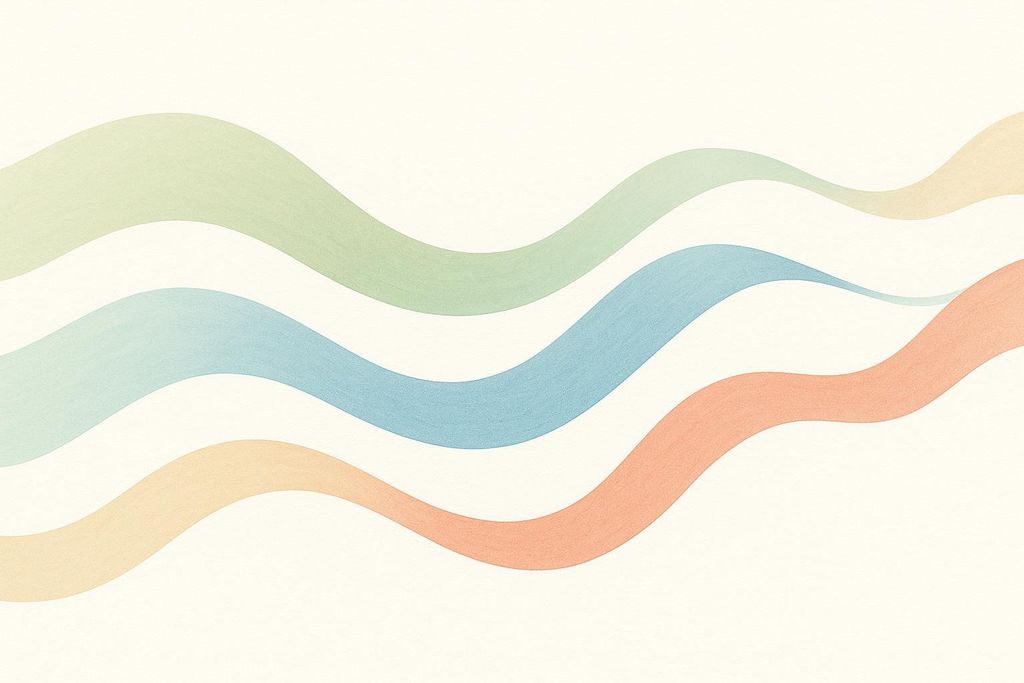Abstract art of three colored waves moving horizontally across a light background. The waves are green, blue, and orange, suggesting flowing or synergistic movement.