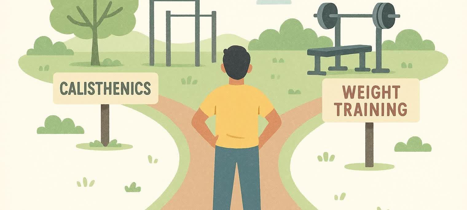 Illustration of a person standing at a fork in the road. One path has a sign for 'CALISTHENICS' with outdoor bars visible, and the other path has a sign for 'WEIGHT TRAINING' with a weight rack visible. The person is facing away, contemplating the choice.