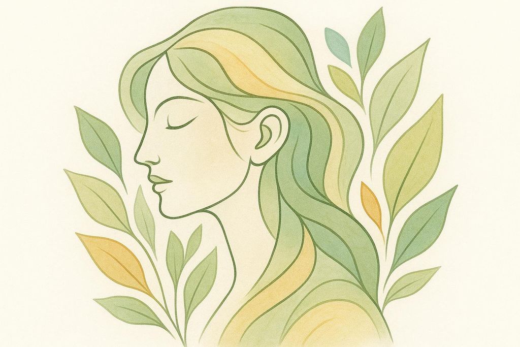 An abstract watercolor-style illustration of a woman's profile facing left, with her eyes closed. Her long, flowing hair is depicted as green and yellow leaves, blending seamlessly with additional green and yellow leaves surrounding her in a botanical pattern against a light cream background.