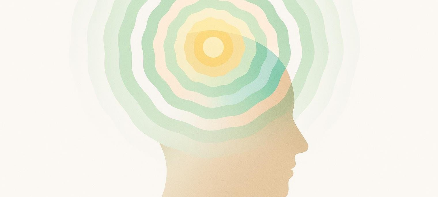 Abstract illustration of a head in profile with gentle, colorful radiating waves emanating from it, suggesting thought, energy, or aura. The waves are in shades of green, yellow, and subtle blue.