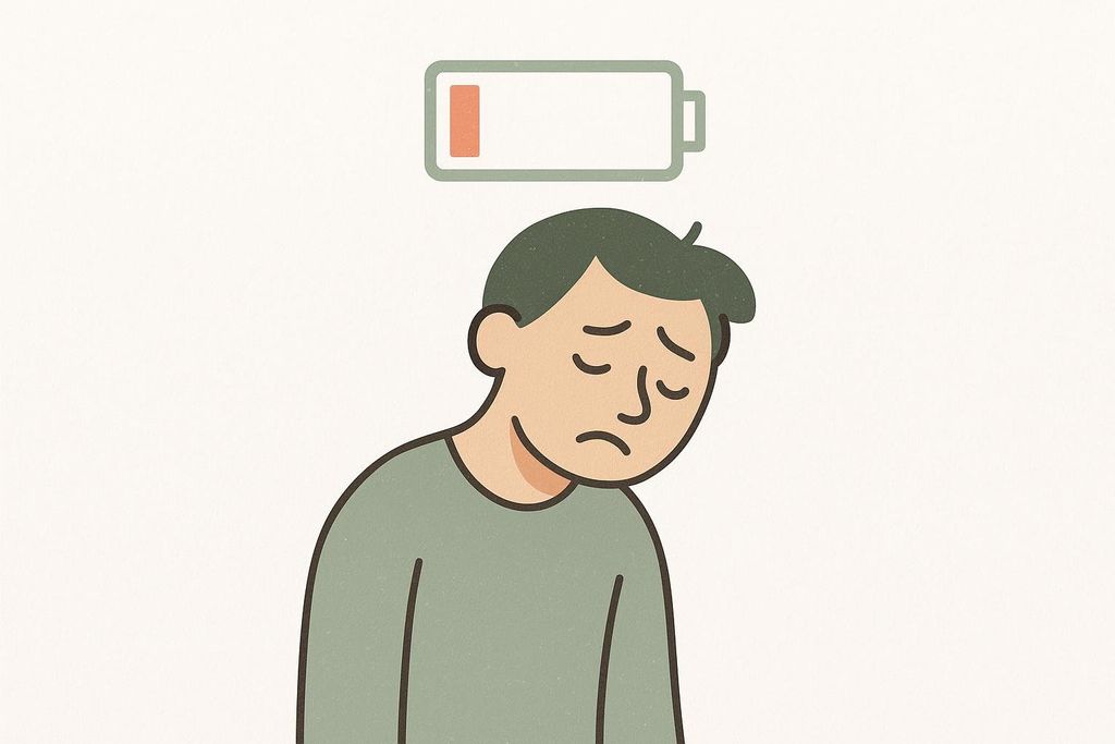 An illustration of a tired person with a low battery symbol above their head.