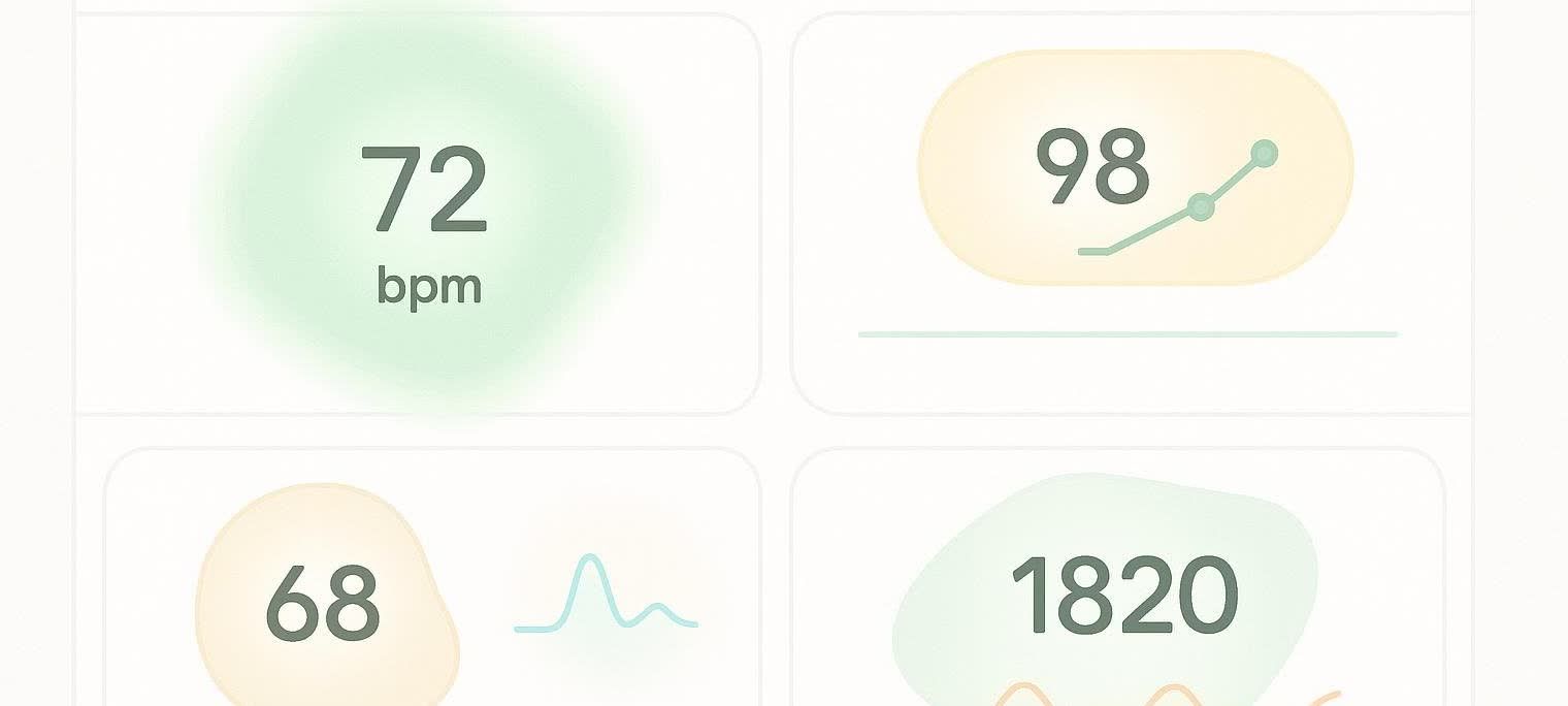 A minimalist dashboard displaying health data including heart rate (72 bpm), activity (98), and steps (1820), represented by numbers and trend lines.