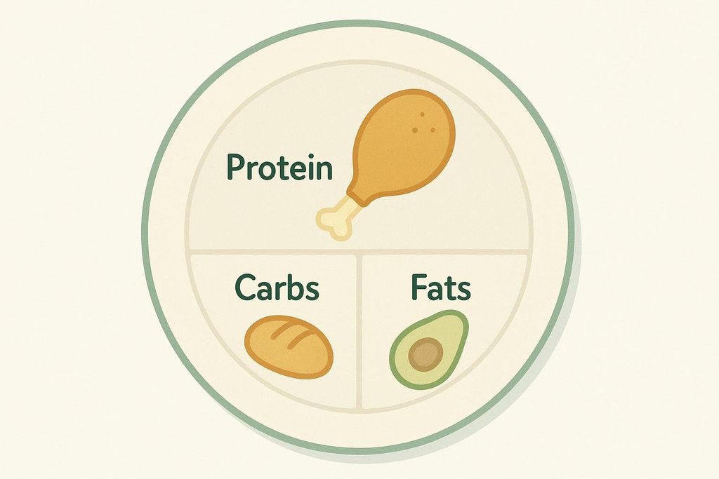 An illustrated diagram of a plate divided into three sections, labeled 'Protein' with a chicken drumstick, 'Carbs' with a piece of bread, and 'Fats' with an avocado half. This visual represents a balanced macronutrient distribution.