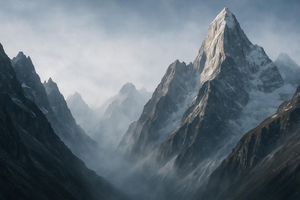 Dramatic view of a prominent, snow-capped Himalayan mountain peak towering over a deep valley filled with atmospheric mist, surrounded by other rugged, dark mountain ranges.
