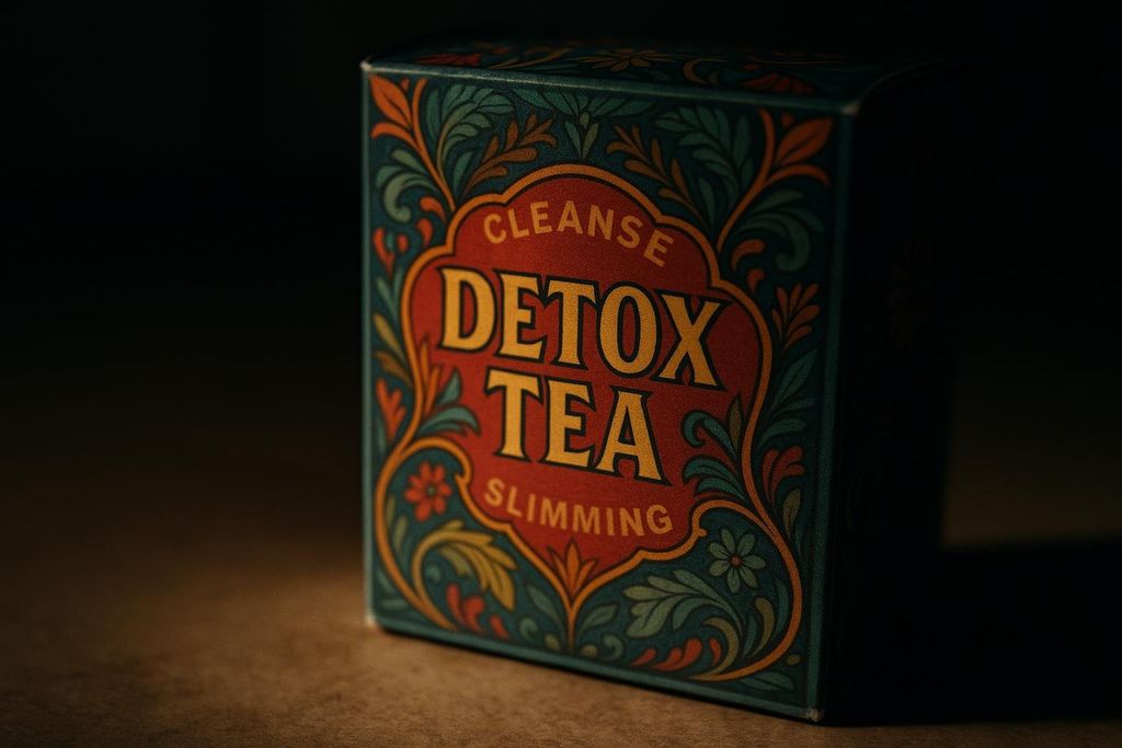 A decorative detox tea box with a vintage-inspired design that says 'CLEANSE DETOX TEA SLIMMING' in bold, gold letters on a red background, surrounded by ornate floral patterns in teal, orange, and green. The box is lit from the side, casting a shadow on the left.