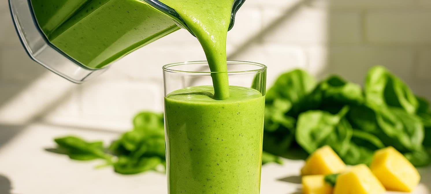 A vibrant green smoothie is being poured from a blender into a tall glass. Fresh spinach leaves and pineapple chunks are visible on the surface nearby, suggesting ingredients for the healthy drink.