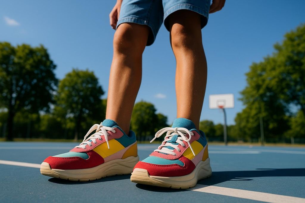A low-angle shot of a young person standing on a blue basketball court, wearing colorful sneakers and denim shorts. A basketball hoop is visible in the background under a clear sky.
