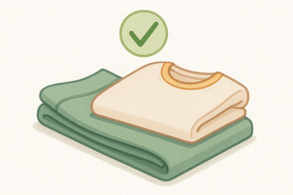An illustration of a neatly folded green shirt or pants with a beige shirt on top, indicating appropriate clothing for a scan, with a green checkmark icon above them.