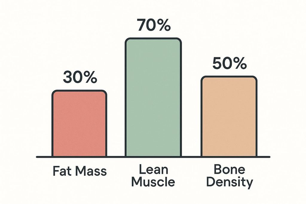 Bar chart comparing fat mass, lean muscle, and bone density