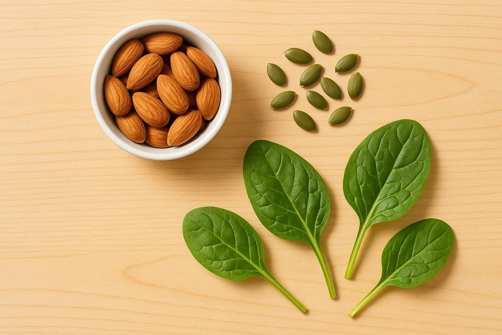 A flat lay image on a light wood surface featuring a white bowl filled with almonds, scattered pumpkin seeds, and several fresh spinach leaves. These are all magnesium-rich foods.