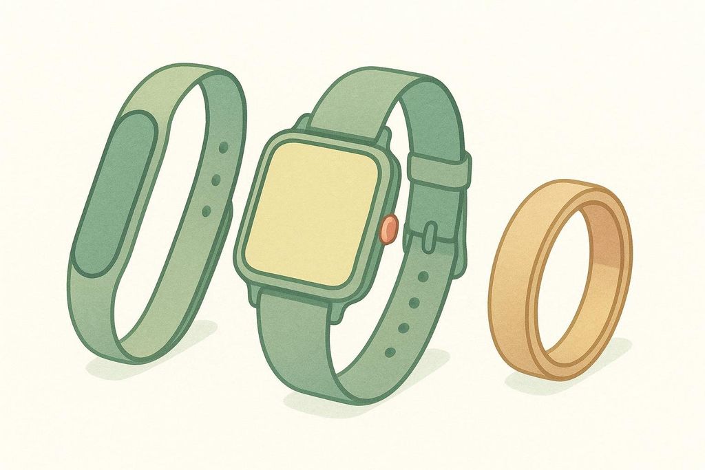Illustration of three different types of fitness wearables: a greenish activity tracker band, a smartwatch with a greenish band and yellow screen, and a golden finger ring.