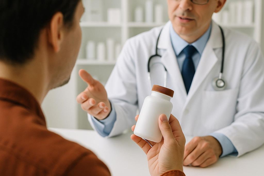 A patient holds a white supplement bottle while a doctor in a lab coat and stethoscope gestures during a discussion. The background features blurred white shelving with medicine bottles.