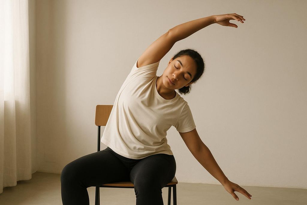 A person with dark curly hair and closed eyes performs a seated side bend in a chair, stretching one arm overhead to the side and the other arm down to the side, to stretch their torso.