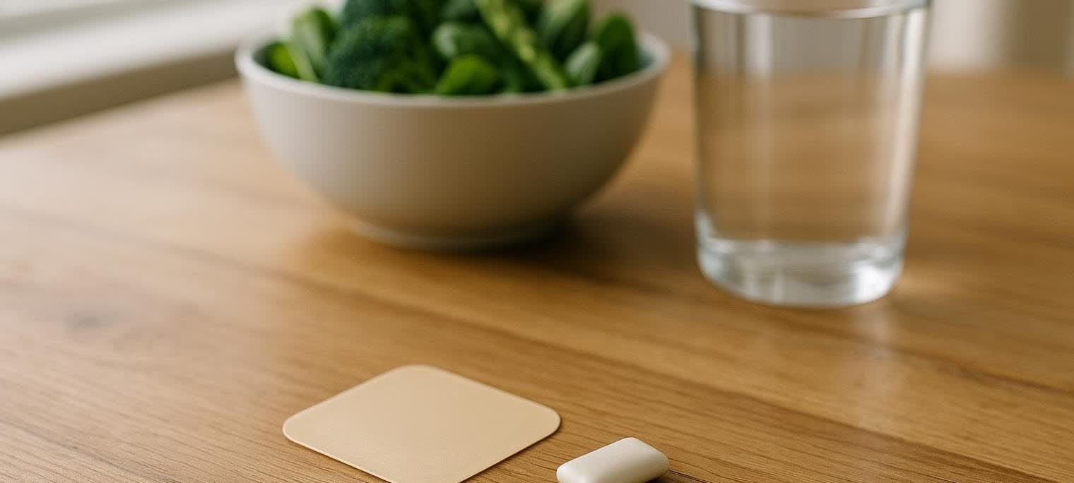 A nicotine patch and gum sit on a table near fresh healthy food.