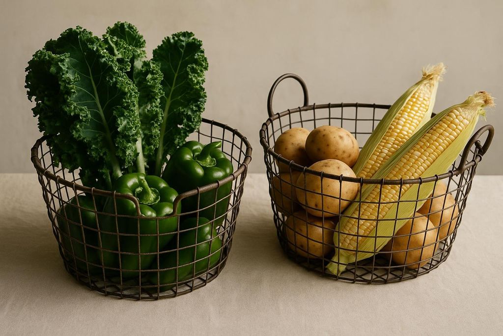 Two metal wire baskets filled with vegetables. The left basket contains green bell peppers and dark green kale. The right basket contains light brown potatoes and two ears of yellow corn with green husks.