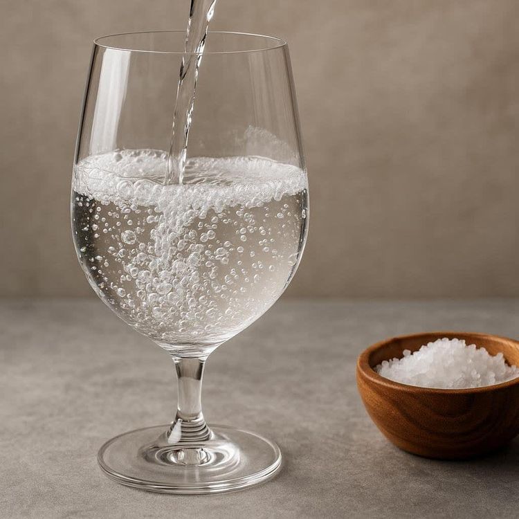 Sparkling water and a bowl of crystal sea salt