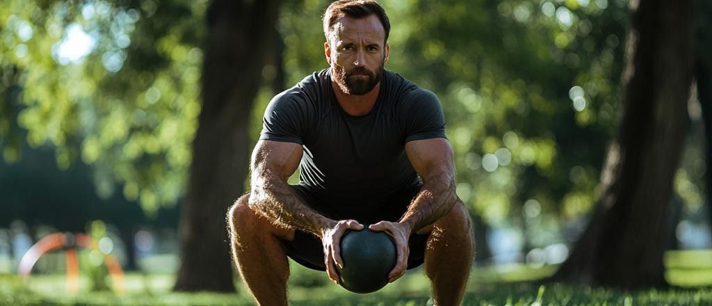 A man in a dark grey t-shirt performs a squat while holding a black medicine ball in a park.