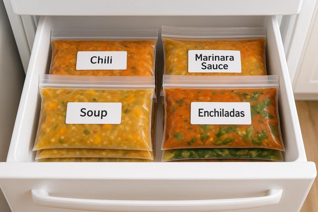 An open freezer drawer filled with neatly organized, flat-frozen meal prep bags. The bags are labeled 'Chili', 'Marinara Sauce', 'Soup', and 'Enchiladas', showcasing an efficient food storage system.