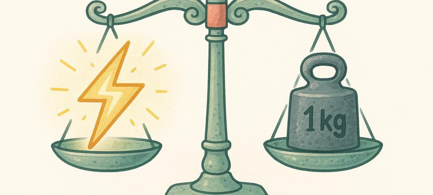 An illustration of a balance scale with a glowing yellow lightning bolt on the left pan and a dark grey 1kg weight on the right pan. The scale is balanced.