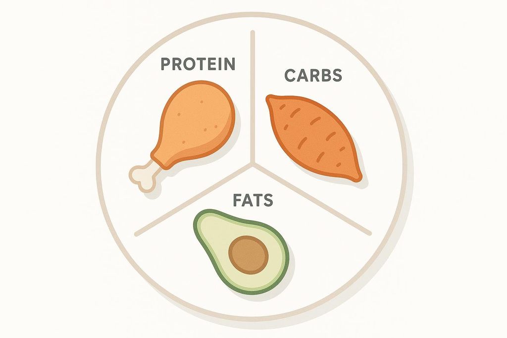 An illustrated plate demonstrating balanced macronutrients: a chicken drumstick for protein, a sweet potato for carbs, and an avocado for fats.