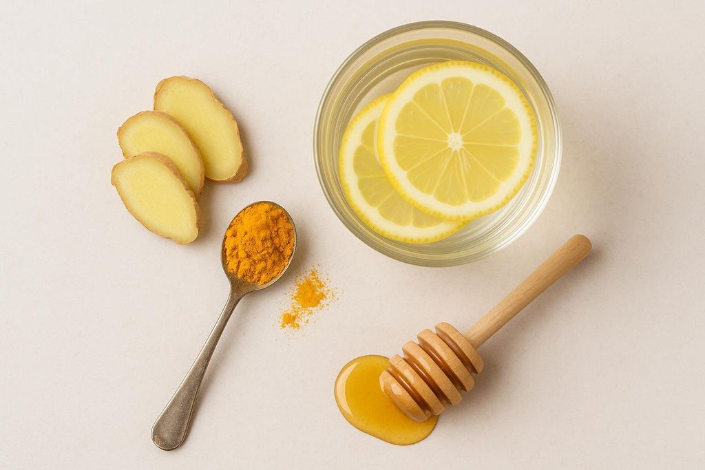 An overhead shot displaying ingredients for lemon water: sliced ginger root, a spoon of turmeric powder with a sprinkle beside it, and a honey dipper with a puddle of honey, arranged around a glass of water with lemon slices.