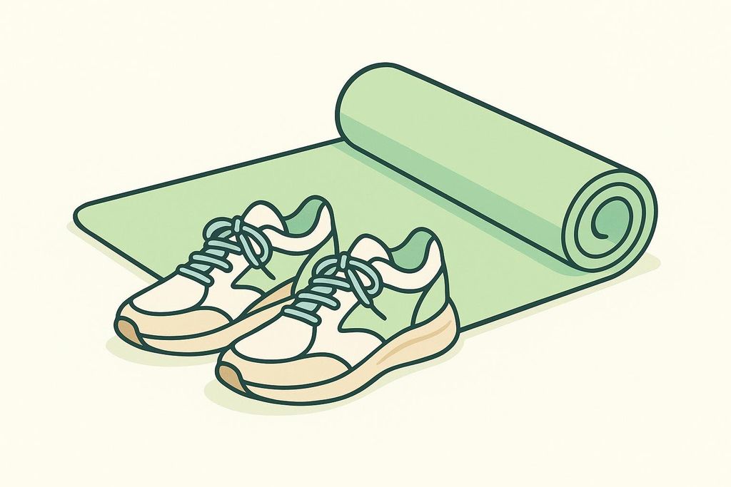 Vector art illustration featuring a pair of running shoes and a partially rolled-up yoga mat, both in shades of light green and cream, set against a light background. The shoes have prominent laces tied in bows.
