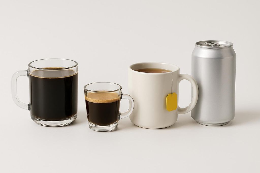 An array of common caffeinated drinks like coffee, tea, espresso, and an energy drink, showing different sources of caffeine.