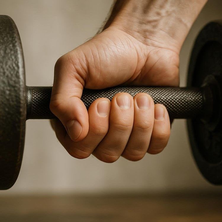 Close-up detail of a hand gripping a dumbbell.
