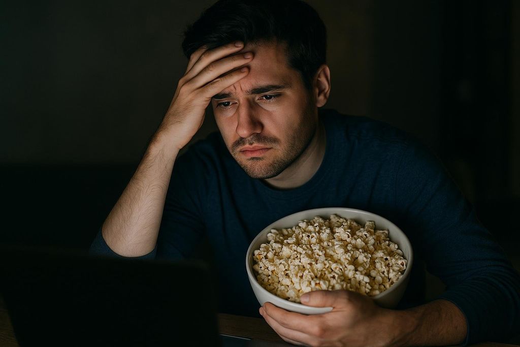 A man with a pained or tired expression, holding his hand to his forehead, looks at a laptop screen in the dark while holding a bowl of popcorn.