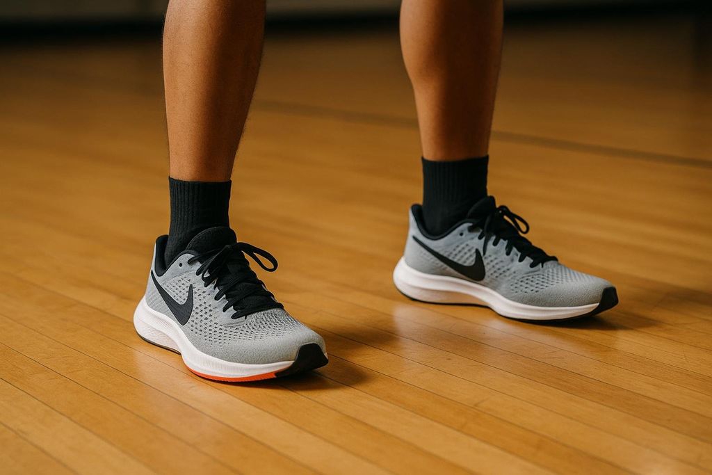 A person's legs and feet are shown, wearing black socks and light gray Nike running shoes with black laces. The person is standing on a light brown hardwood floor.