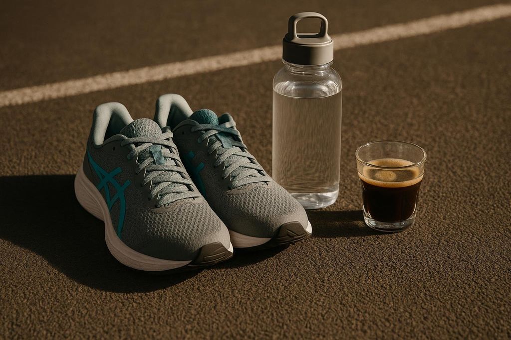 A pair of grey and teal running shoes, a clear water bottle, and a small glass of espresso are arranged on a dark, textured surface, lit by sunlight.