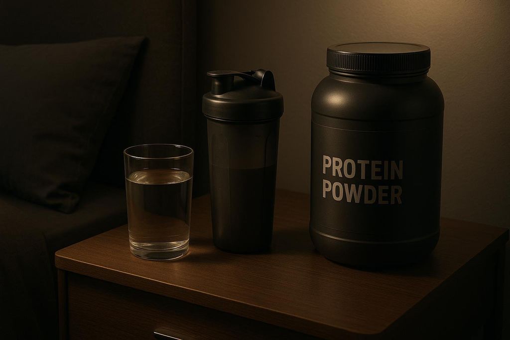 A black protein powder container, a black shaker bottle, and a glass of water on a wooden nightstand next to a bed, illustrating late-night protein consumption.