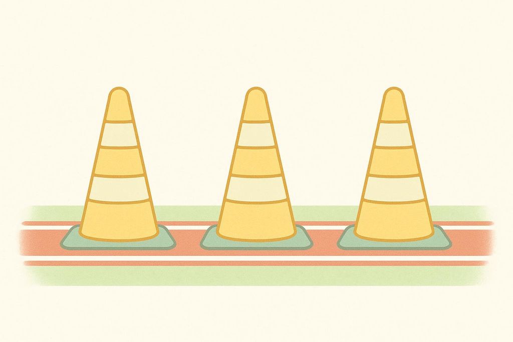 Three yellow athletic cones with white horizontal stripes, evenly spaced on a stylized running track with orange and green lanes, against a light background.