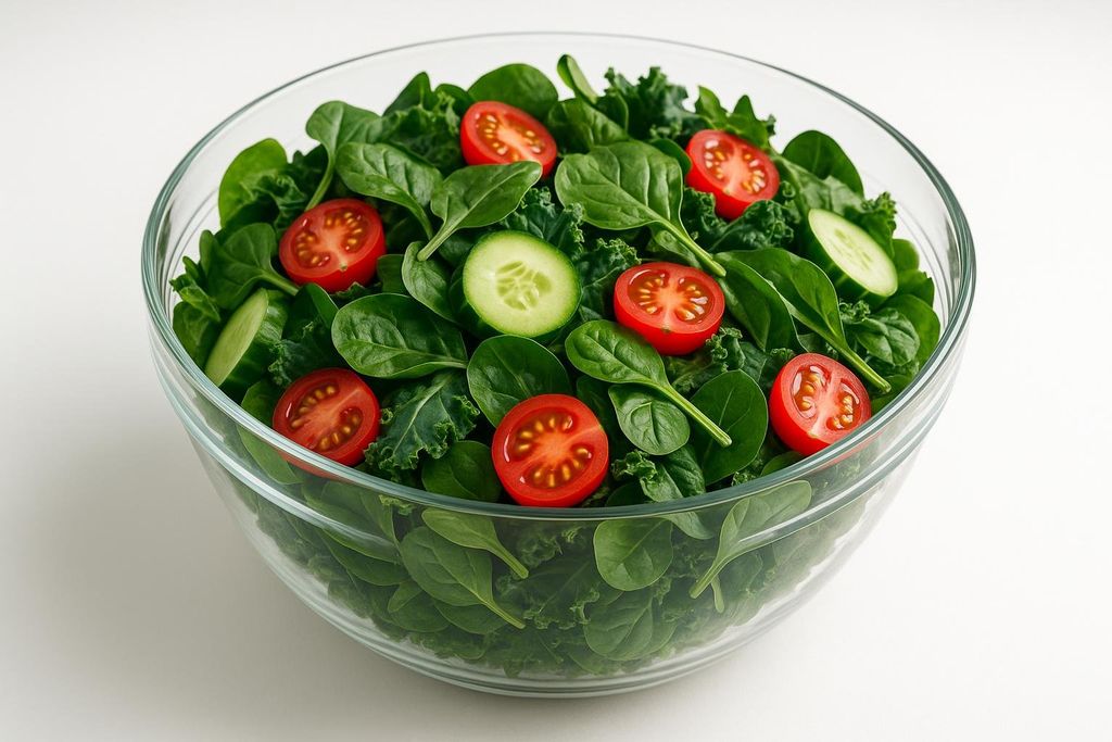 A close-up shot of a clear glass bowl filled with a fresh salad, featuring dark green leafy spinach and kale, topped with bright red halved cherry tomatoes and sliced green cucumbers.
