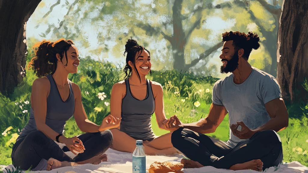 Three people, two women and one man, sit cross-legged on a blanket in a sunny field, meditating with their eyes closed and hands in Gyan Mudra. They all appear happy and relaxed.